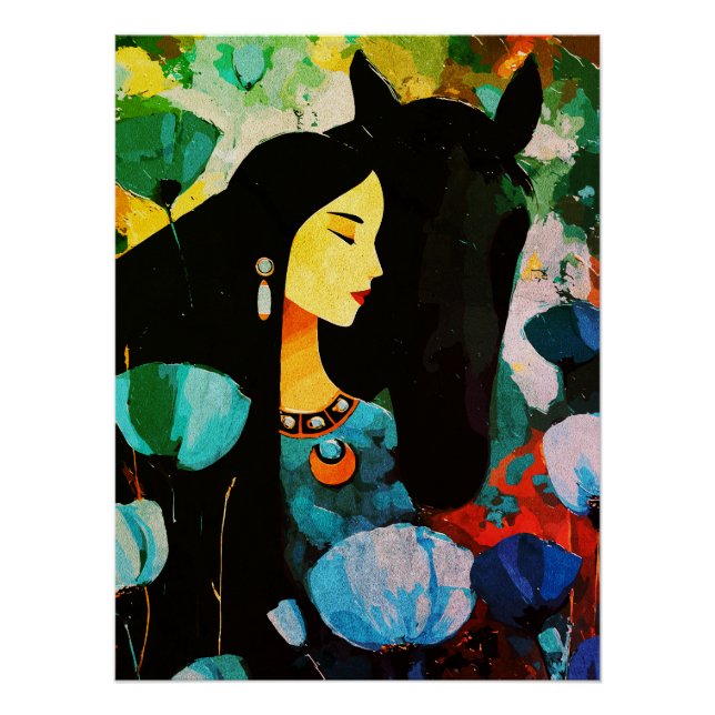 Póster Pintura de Mujer y Caballo Turquesa (Anverso)