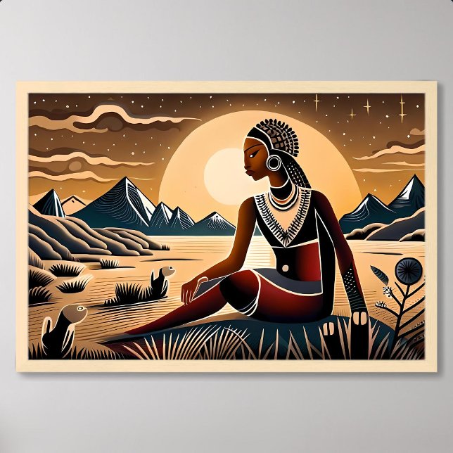 Póster pintura de mujeres egipcias en la pirámide del des (painting of egypt women in desert pyramid at night)