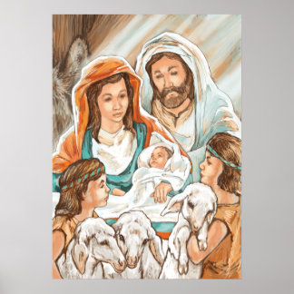 Póster Pintura de natividad con niños pastores