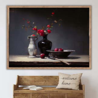 Póster Pintura de naturaleza muerta de flores oscuras y m