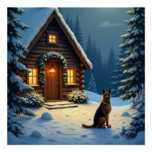 Póster Pintura de Navidad Cabaña Nevada Pastor Alemán