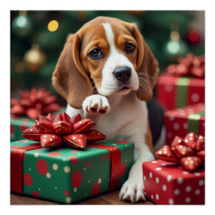 Póster Pintura de Navidad de Beagle envolviendo regalos