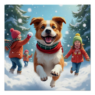 Póster Pintura de Navidad de Border Terrier Luchando con