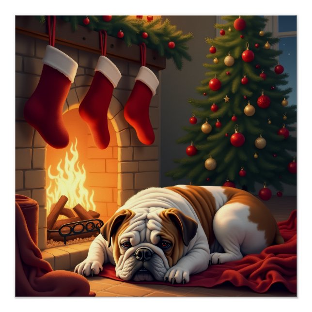 Póster Pintura de Navidad de Bulldog junto a la Chimenea (Anverso)