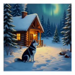 Póster Pintura de Navidad de cabaña nevada con Husky Sibe