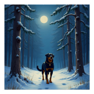 Póster Pintura de Navidad de Rottweiler en el bosque estr