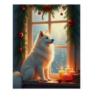 Póster Pintura de Navidad de Samoyed bajo el muérdago