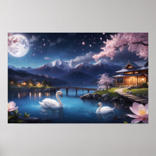 Póster Pintura de Noche Maravillosa Japón Árbol Sakura