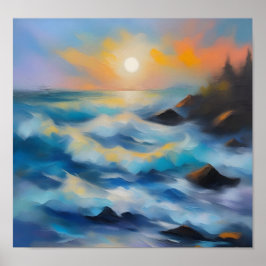 Póster Pintura de olas de mar azul claro bajo el sol