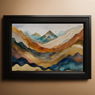 Póster Pintura de paisaje abstracto acuarela dorado 3:2