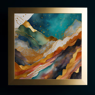 Póster Pintura de paisaje abstracto al acuarela dorado 1: