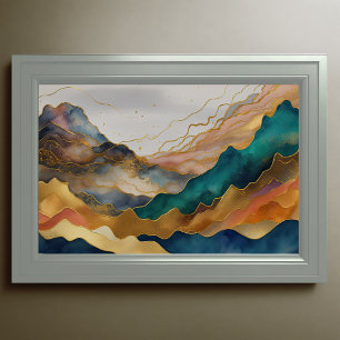 Póster Pintura de paisaje abstracto al acuarela dorado 3: