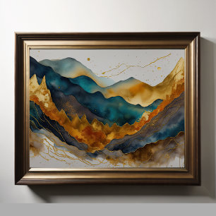 Póster Pintura de paisaje abstracto al acuarela dorado 4: