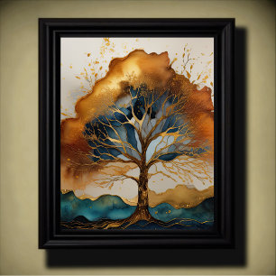 Póster Pintura de paisaje abstracto oro herrumbre azul