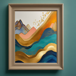 Póster Pintura de paisaje abstracto oro melocotón azul