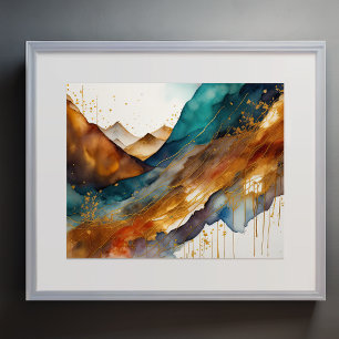 Póster Pintura de paisaje abstracto oro óxido azul