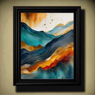 Póster Pintura de paisaje abstracto oro óxido azul