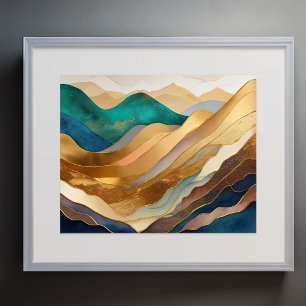 Póster Pintura de paisaje abstracto oro óxido azul