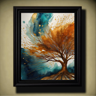 Póster Pintura de paisaje abstracto oro óxido azul