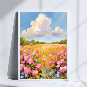 Póster Pintura de paisaje de campo de flores rosadas