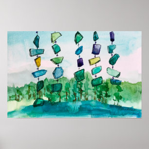 Póster Pintura de paisaje de vidrio azul de Lake Chimes