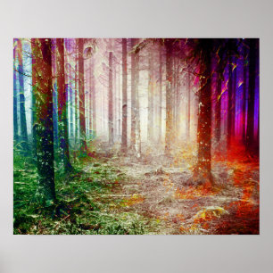 Póster Pintura de paisaje forestal de bosques exuberantes