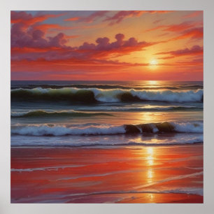 Póster Pintura de paisaje marino de puesta de sol roja
