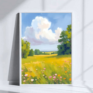 Póster Pintura de paisaje natural de prado verde exuberan
