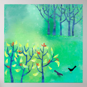 Póster Pintura de paisaje natural verde moderno de abril