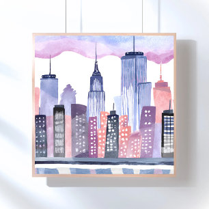 Póster Pintura de paisaje urbano de ciudad al aguarela