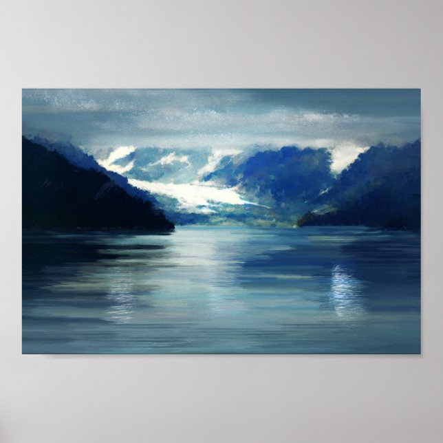 Póster Pintura de paisaje verde azul del Glaciar de Alask (Frente)