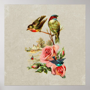 Póster Pintura de paisajes de pájaros y Rosas de época
