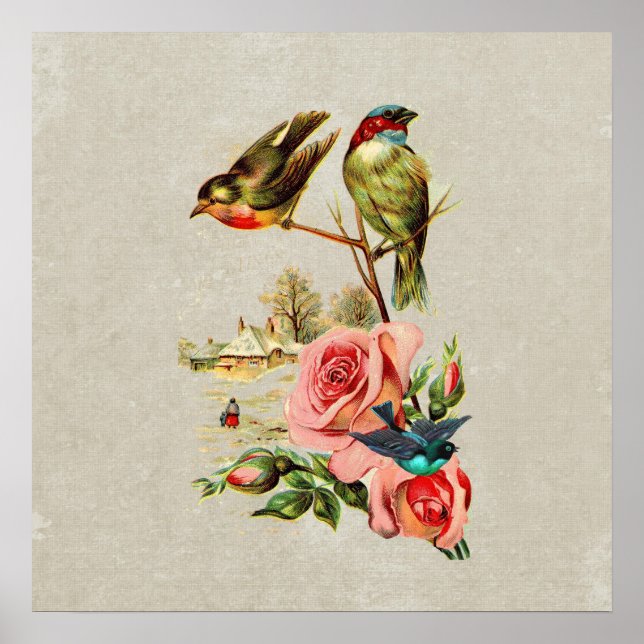 Póster Pintura de paisajes de pájaros y Rosas de época (Frente)