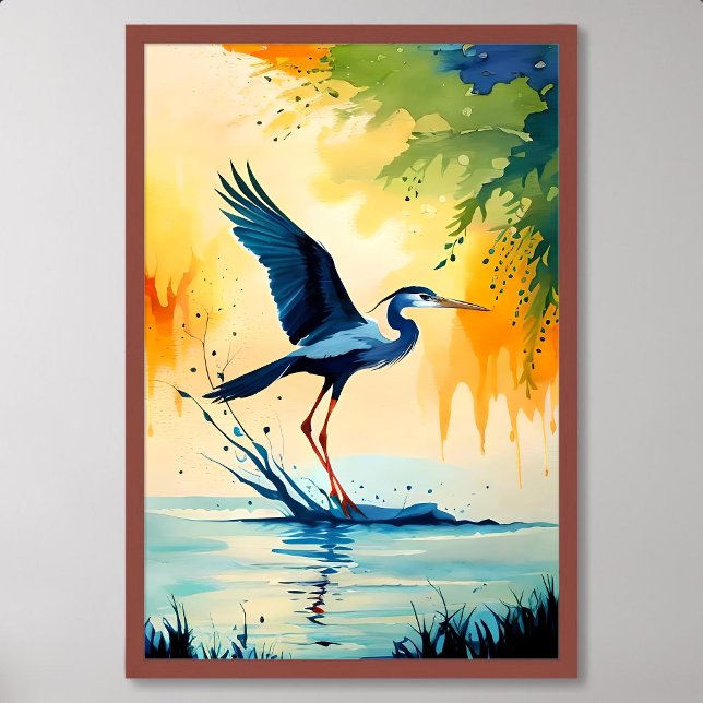 Póster pintura de pájaros garza tricolada atrapar peces e (bird painting tricolored heron catch fish in swamp)