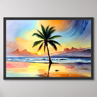 Póster Pintura de palmeras que cubren la playa al atardec