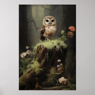 Póster Pintura de pared del bosque de lechuza pequeña, pi