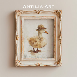 Póster Pintura de Pato en Sombrero Patito Caprichoso Rúst