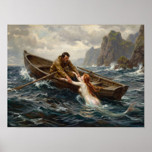 Póster Pintura de pescador y sirena