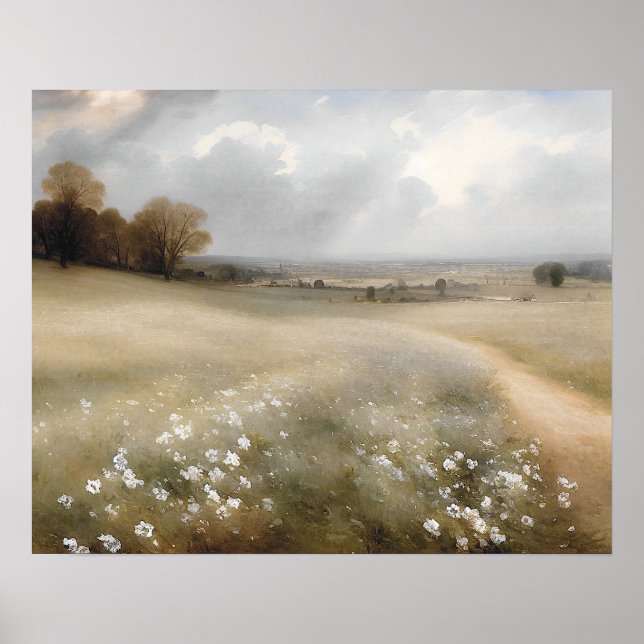 Póster Pintura de pradera de flores silvestres blancas -  (Frente)