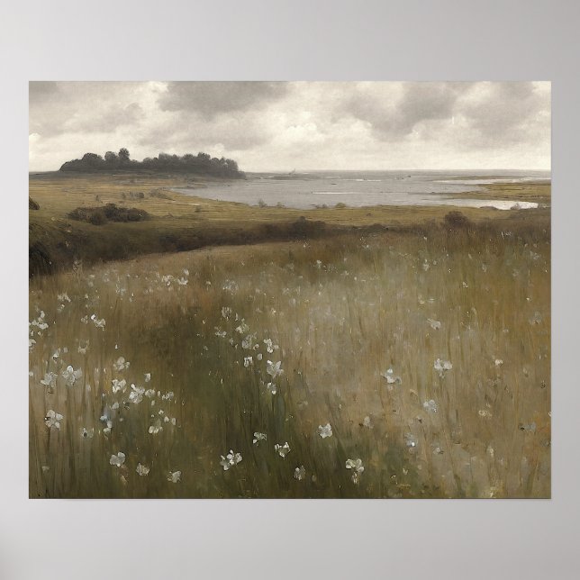 Póster Pintura de pradera de flores silvestres blancas -  (Frente)