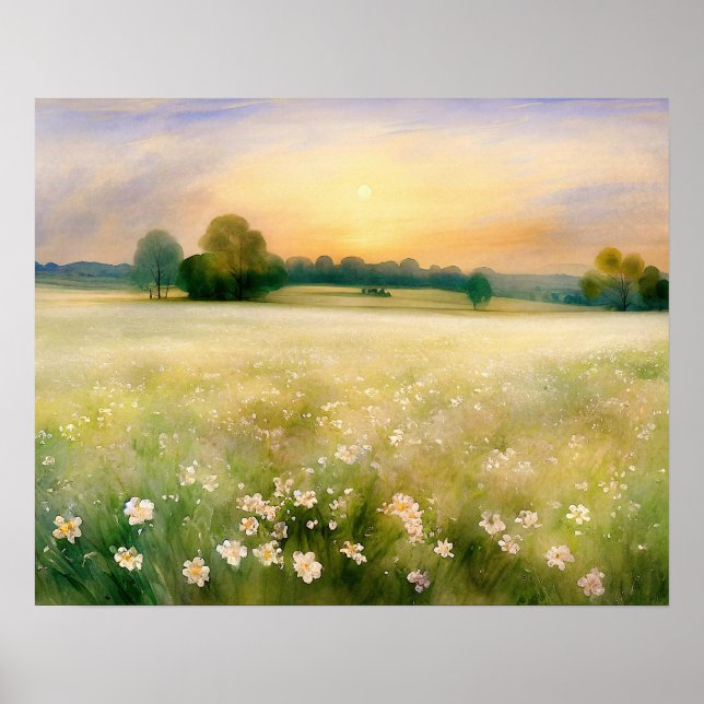 Póster Pintura de pradera de flores silvestres blancas -  (Frente)