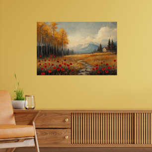 Póster Pintura de prado de otoño vintage con amapolas