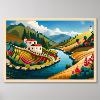 Póster Pintura de pueblo con río rocoso y campos exuberan