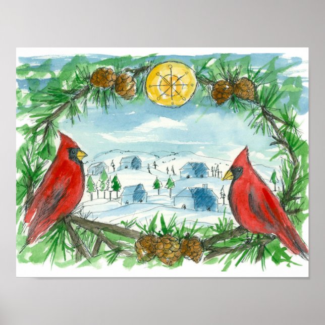Póster Pintura de pueblo de nieve del cardenal rojo Birds (Frente)