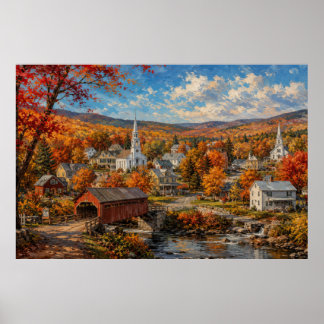 Póster Pintura de pueblo de Nueva Inglaterra en otoño