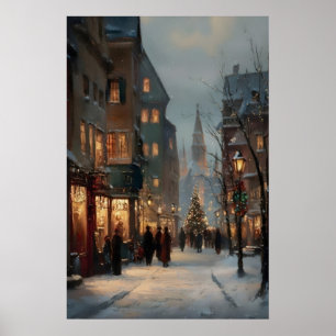 Póster Pintura de pueblo navideño vintage, vacaciones ant