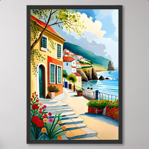 Póster pintura de pueblo sobre el acantilado de la playa