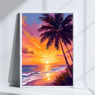 Póster Pintura de puesta de sol en la playa de Hawái Viaj