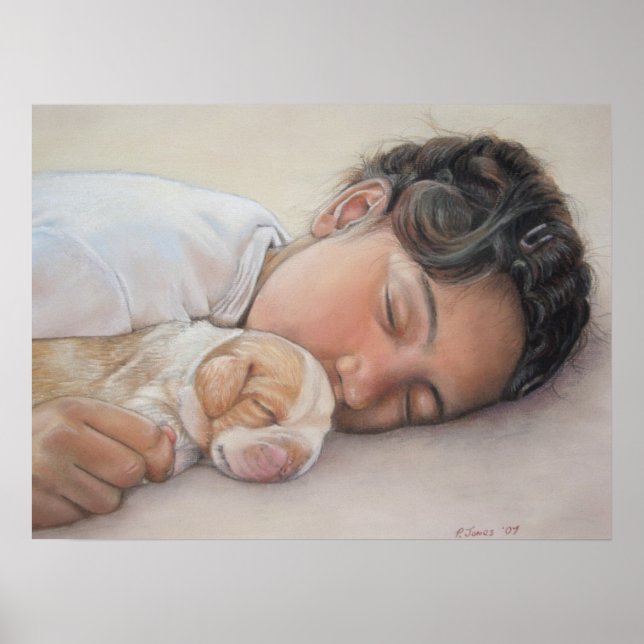 Póster pintura de retrato de cachorros beagles y niños re (Frente)
