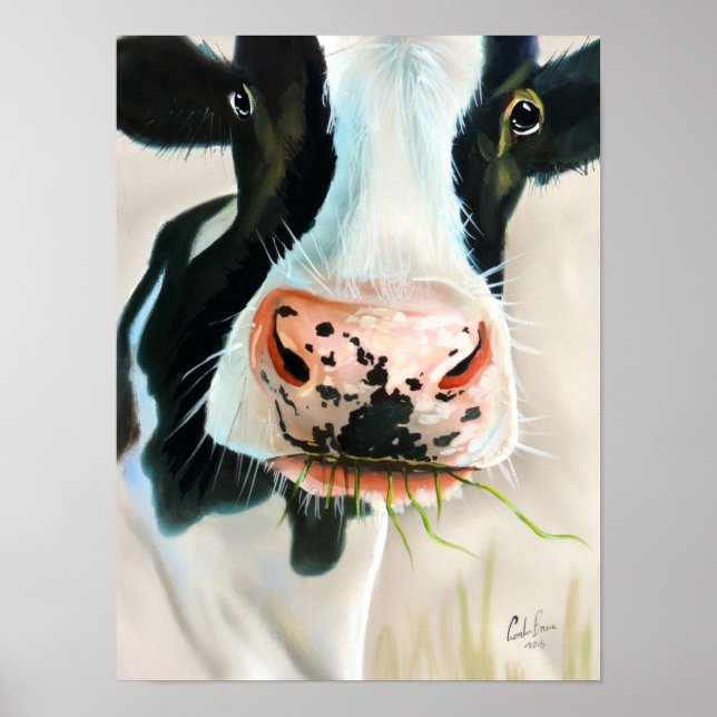 Póster Pintura de retrato de vaca blanco y negro (Frente)